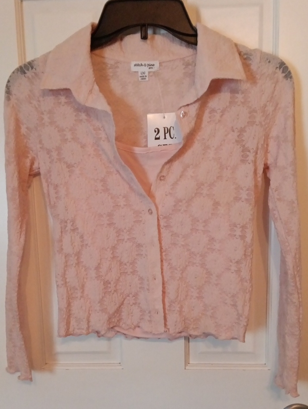 Stitch & Pine Pale Pink Lace Button-Down Shirt with Tank Layer
